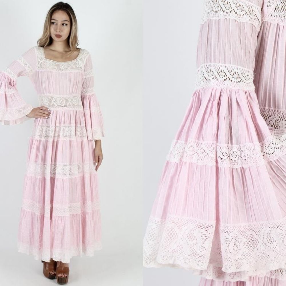 Vintage Roberta '70s Mexican Style Tiered Bell Sleeve Lace Accent Maxi Dress S